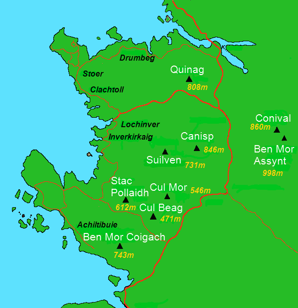 Map of the mountains around Assynt, showing their heights