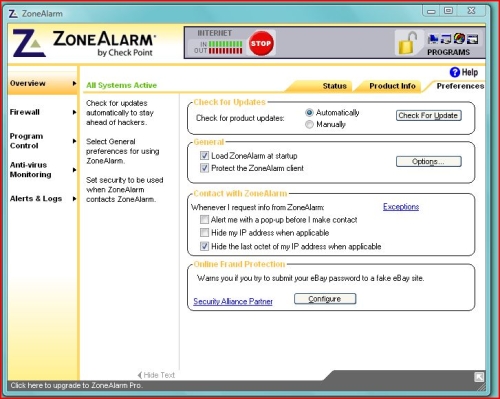 Zone alarm-preferences