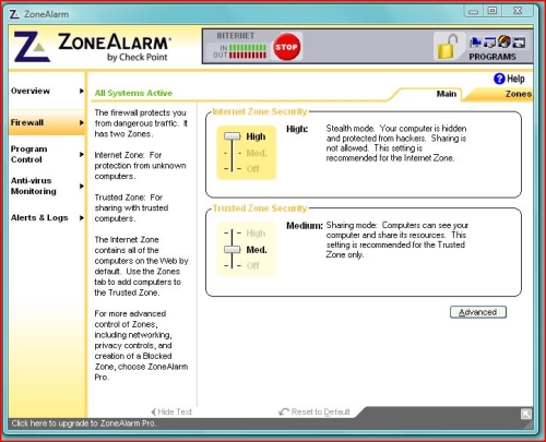 Zone alarm-main settings