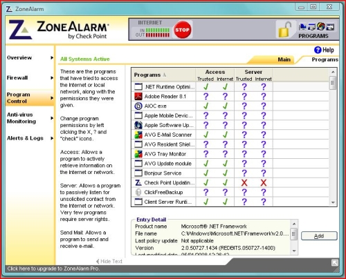 Zone alarm-Program Control screen